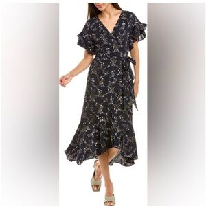 Max Studio Navy Floral Wrap Dress with Ruffle Sleeves L